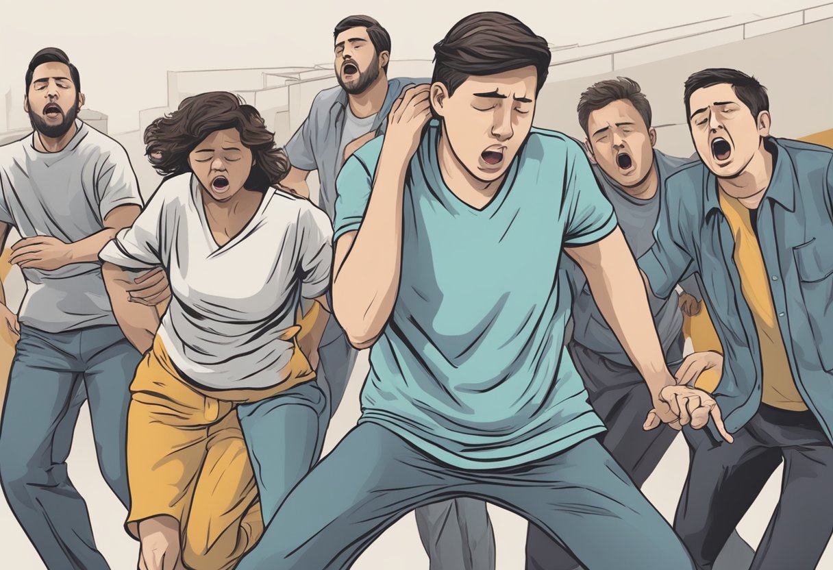 A person experiencing sudden chest pain, collapsing, with bystanders calling for emergency assistance