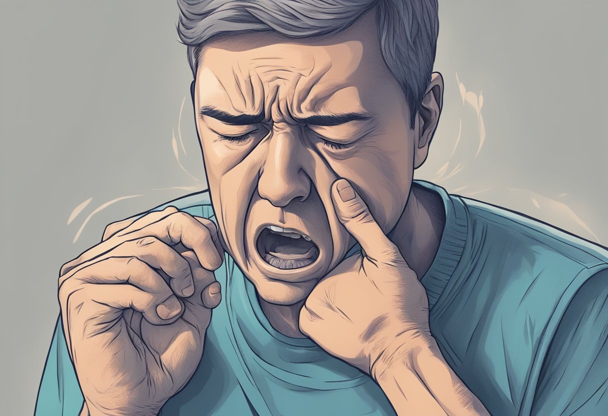 A person clutching their chest in pain, sweating, and struggling to breathe. Their face contorted in distress as they experience heart attack symptoms