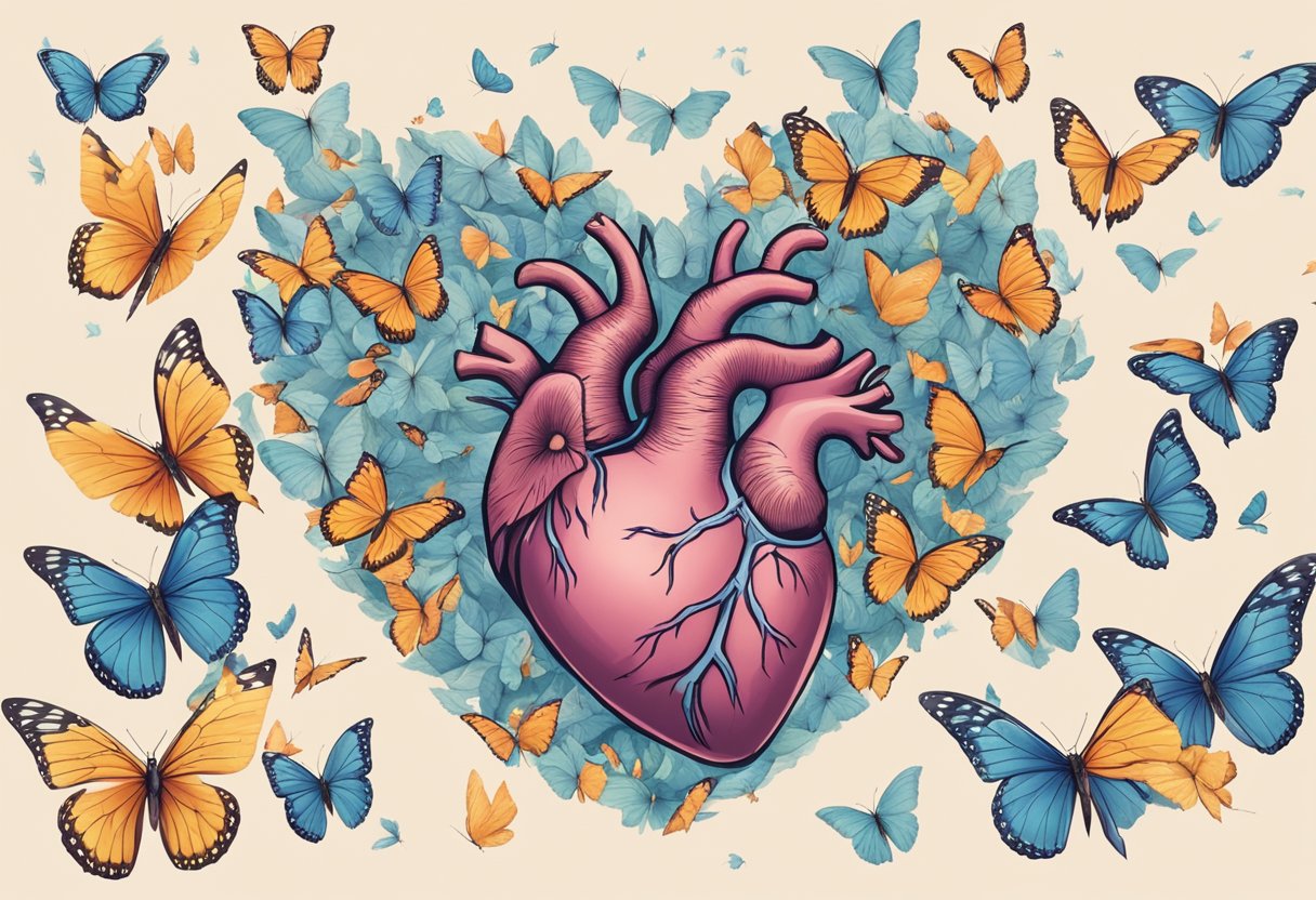 A heart surrounded by fluttering butterflies, with arrows pointing to it, representing diagnosis, management, and prevention of heart flutters