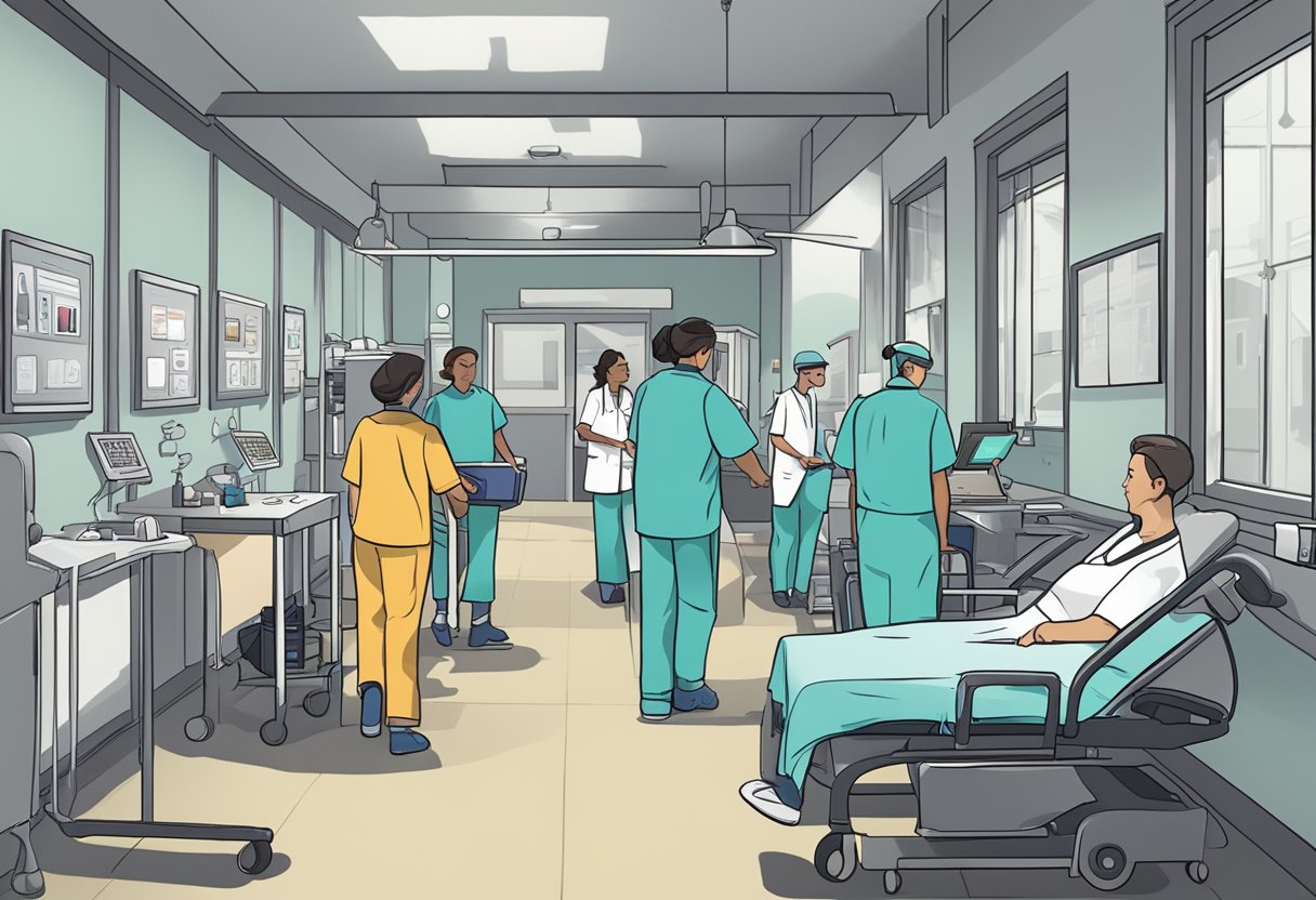 A heart monitor flatlines as a hospital staff rushes to the scene