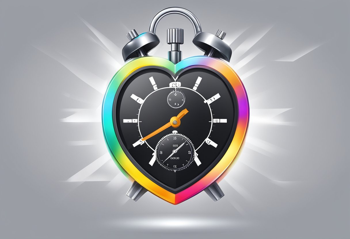 A heart-shaped stopwatch ticking for 7 seconds, surrounded by a protective shield