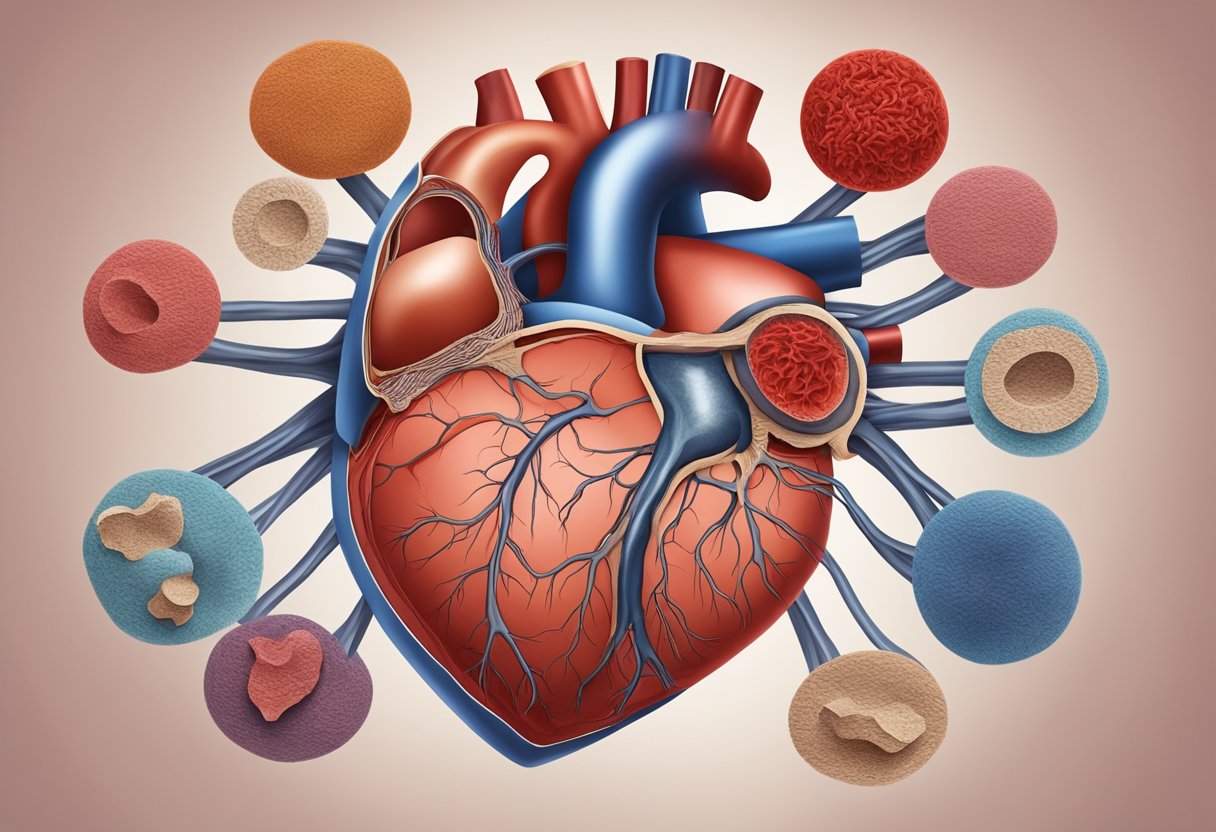 A heart with damaged valves, surrounded by inflamed tissues and blood vessels, symbolizing the effects of rheumatic heart disease