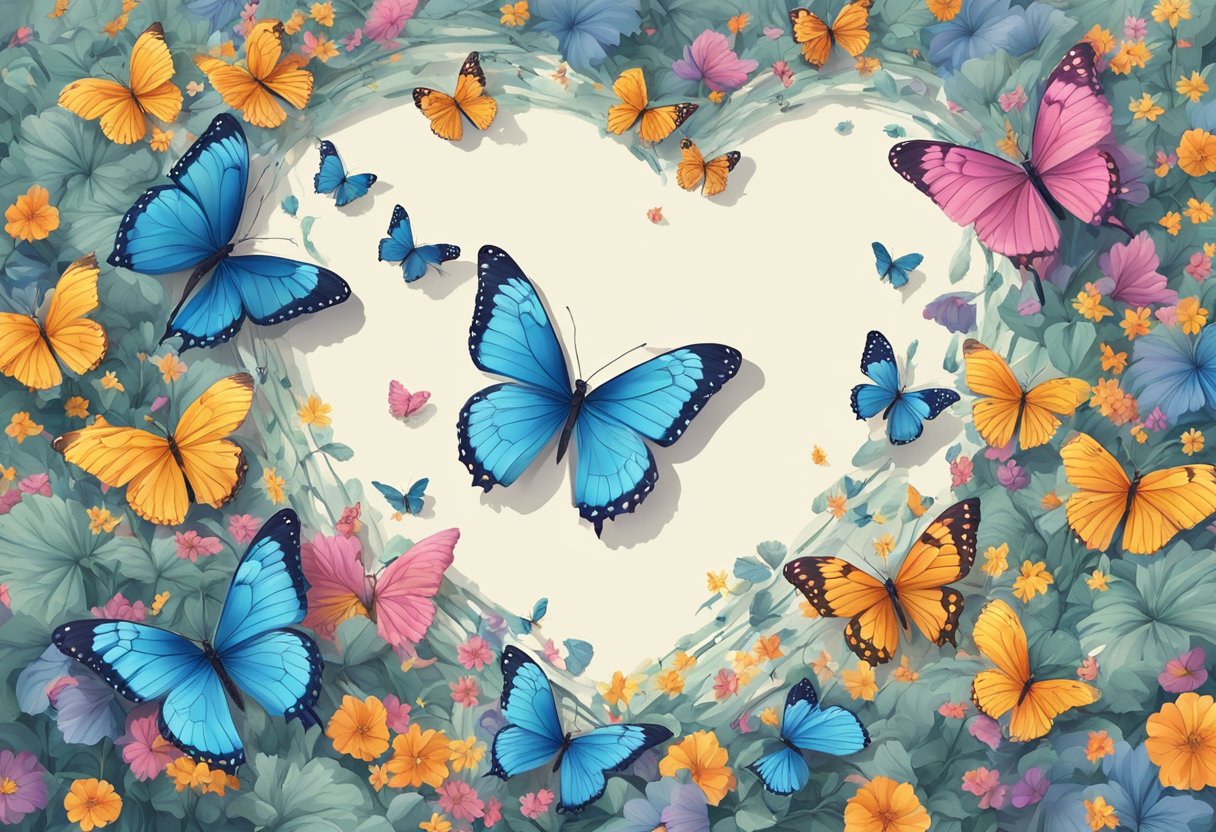 A heart-shaped object surrounded by fluttering butterflies