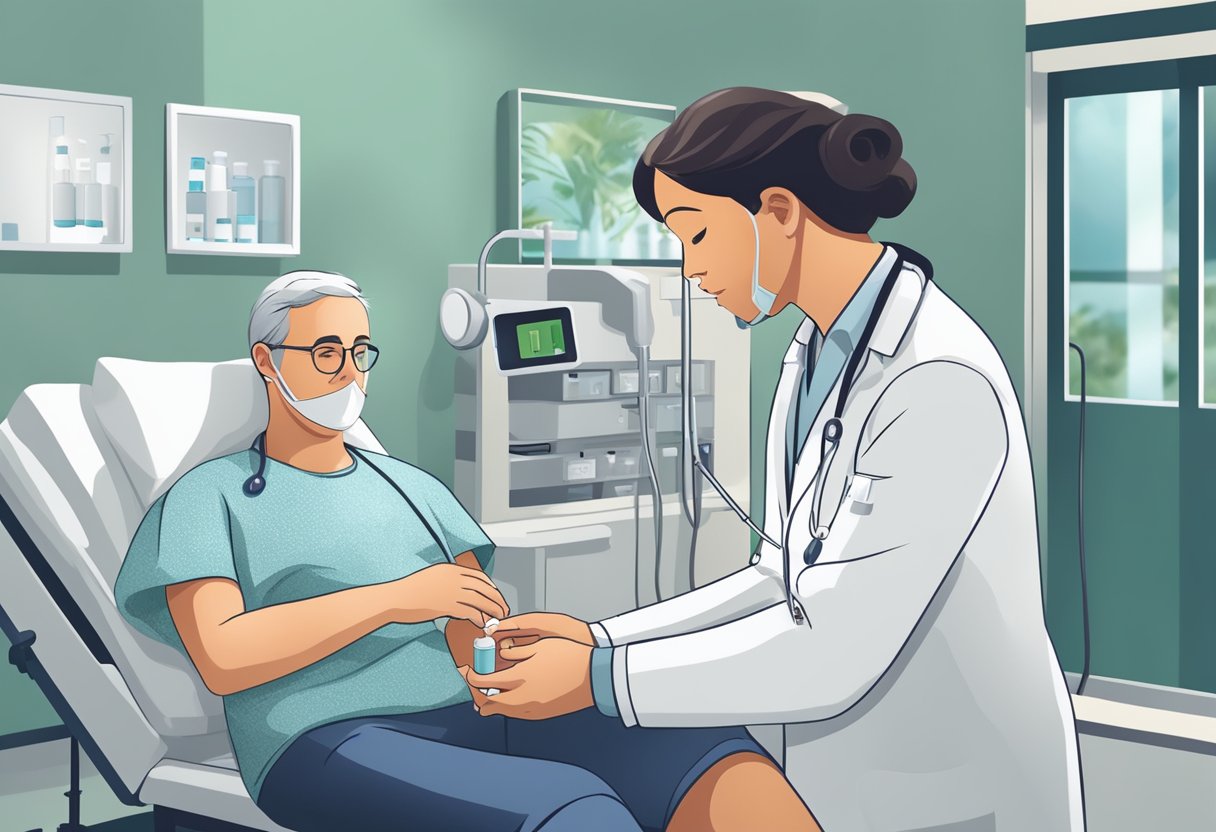 A doctor administers medication to a patient with rheumatic heart disease in a hospital room