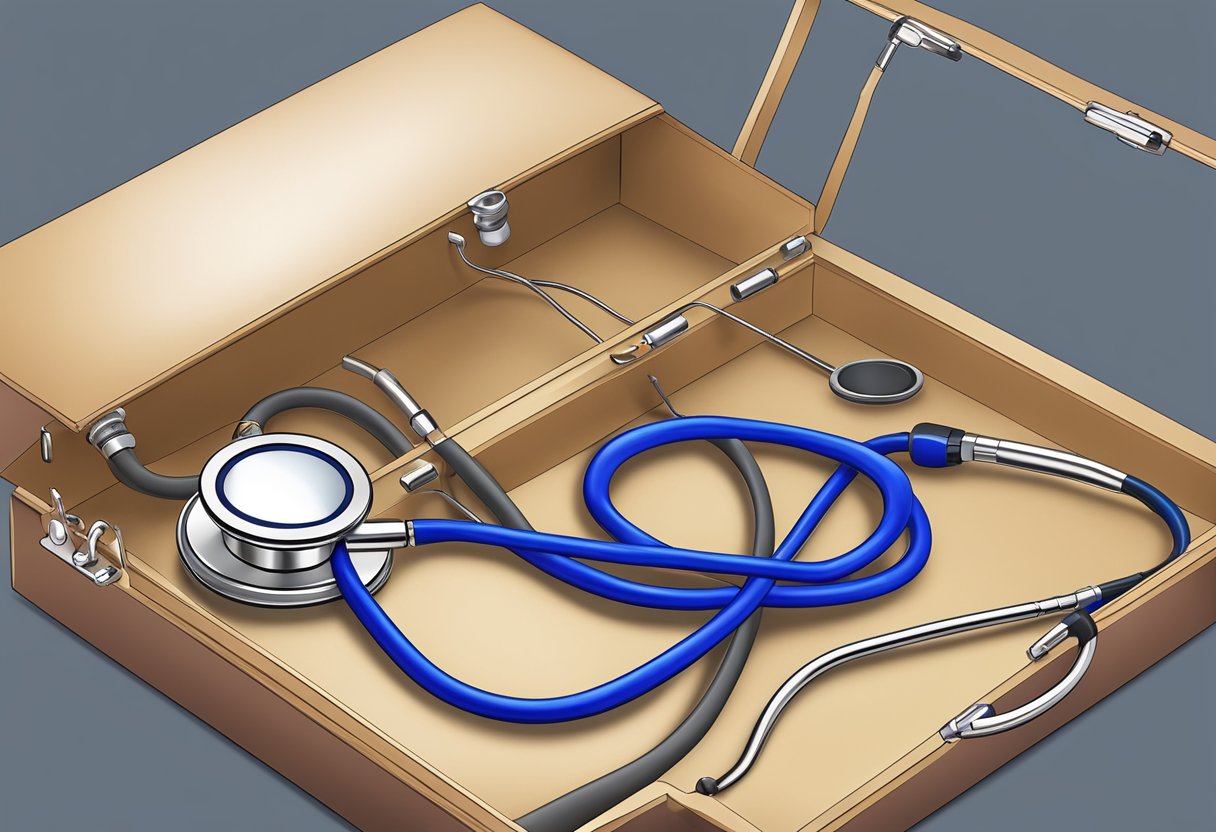 A stethoscope placed on a chest, capturing the sound of a beating heart with distinct valve sounds