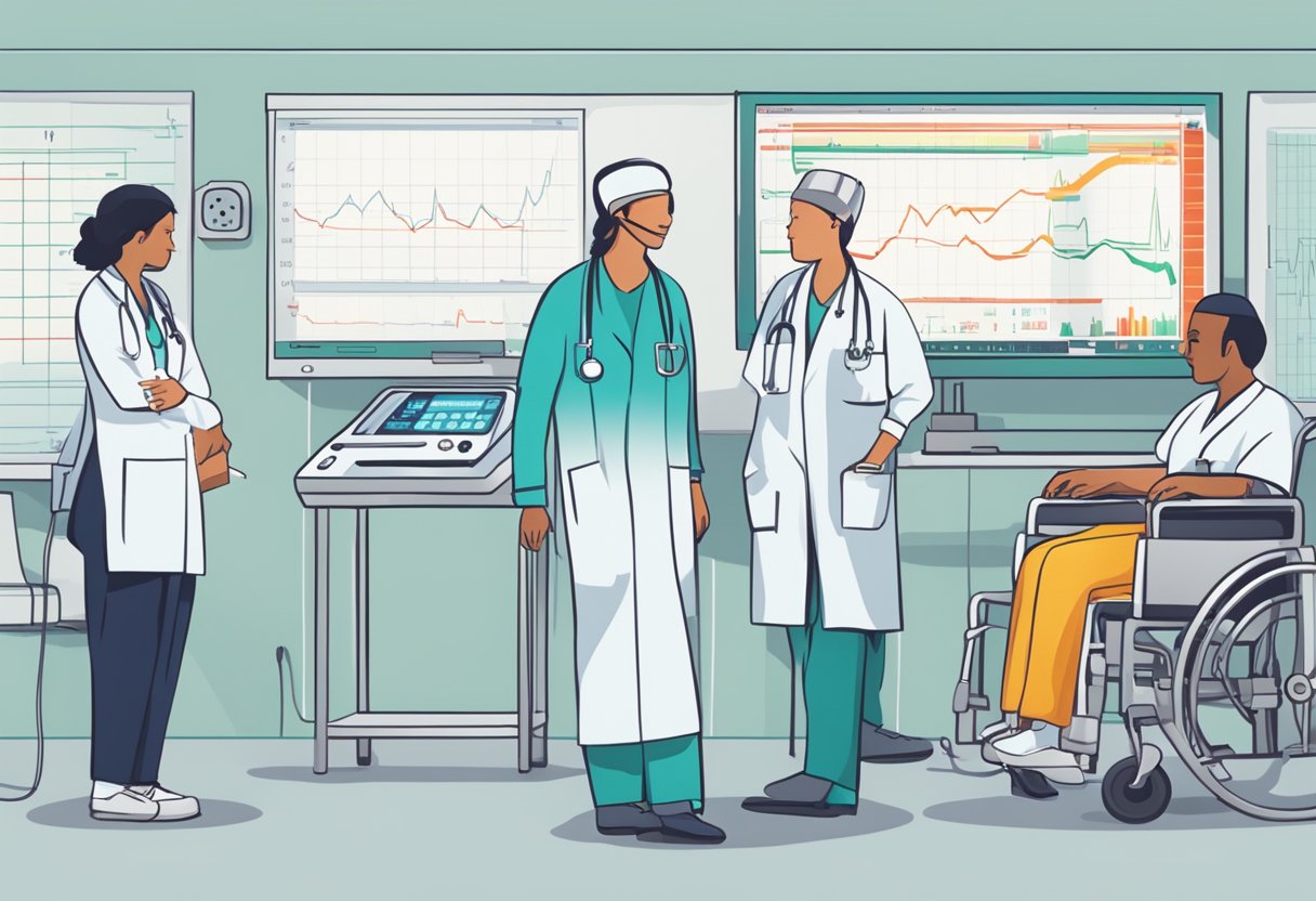 A heart monitor showing flat line, dizzy patient, and medical staff rushing in