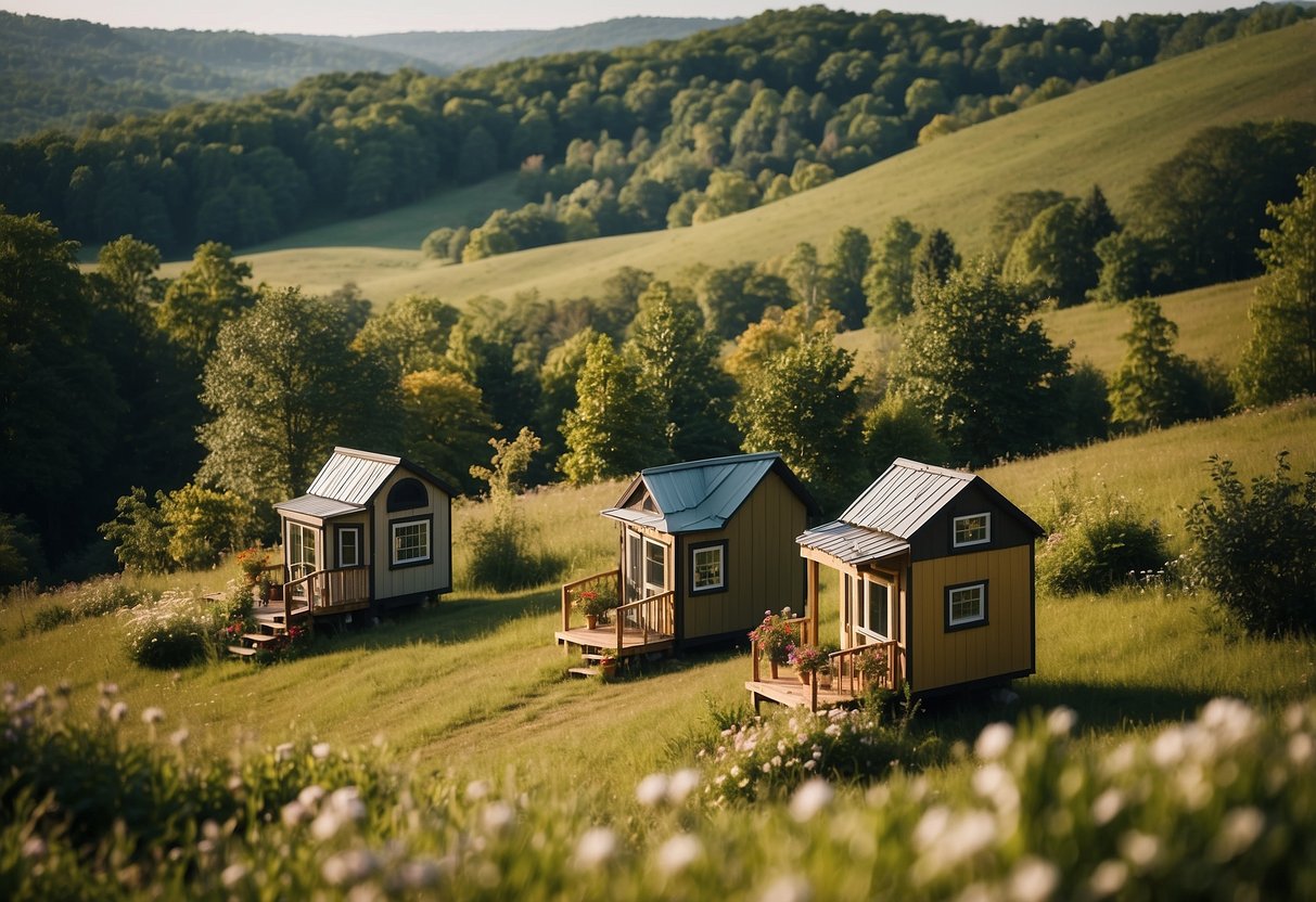 A cluster of tiny homes nestled among the rolling hills of Virginia, surrounded by lush greenery and blooming wildflowers