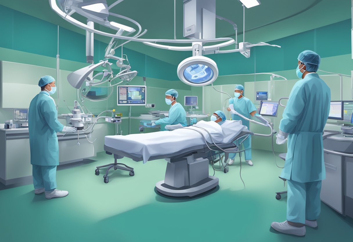 A surgeon performs heart bypass surgery in a modern operating room in Singapore. Medical equipment and monitors surround the patient on the operating table