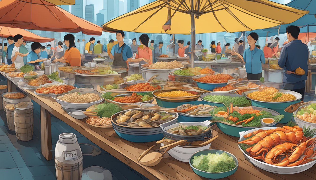 A colorful seafood table spread with various dishes and condiments, set against a backdrop of bustling Singaporean street food stalls