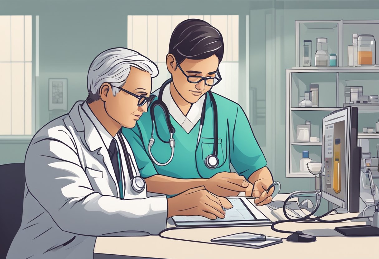 A doctor administers medication to a patient with heart block, while monitoring their vital signs and adjusting treatment as needed
