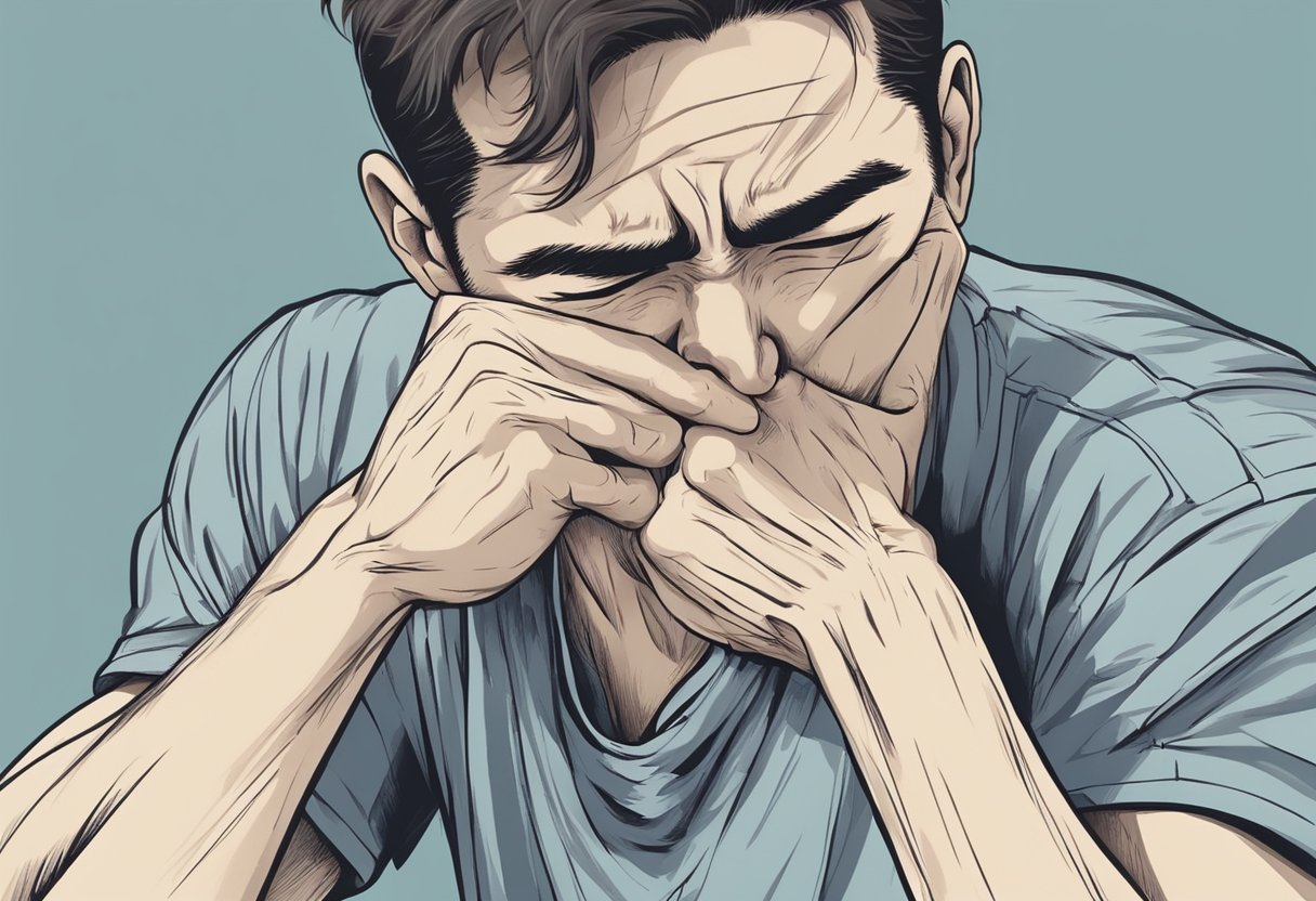 A person clutching their chest, wincing in pain, sweat forming on their brow, as they struggle to catch their breath