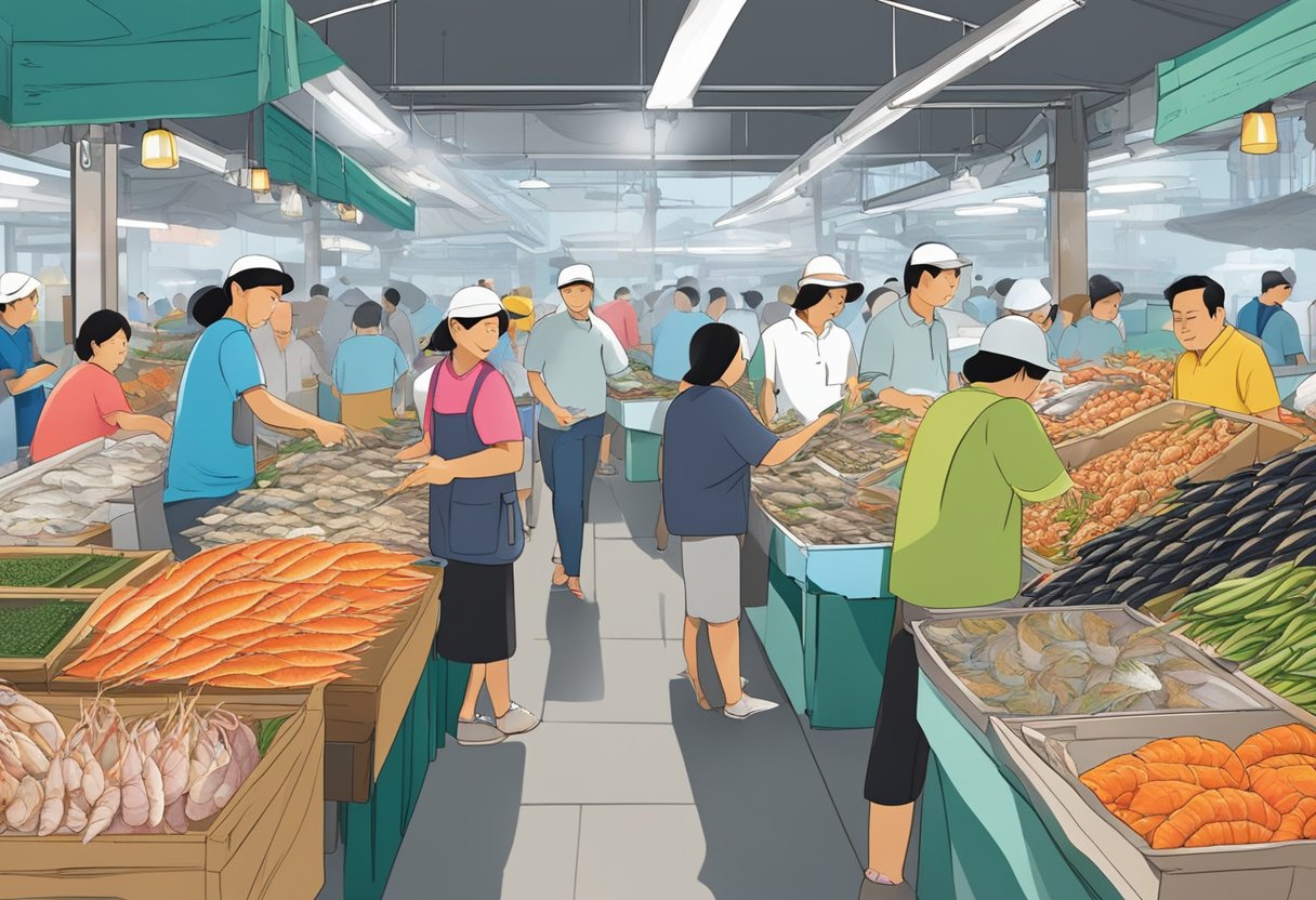 A bustling seafood market in Tampines, Singapore. Colorful stalls display an array of fresh fish, crabs, and shellfish. Customers eagerly inspect the catch of the day