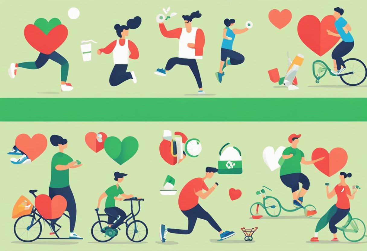 A person exercising, eating healthy, and avoiding smoking. A heart with a red "X" over it. A green checkmark over a heart with a healthy lifestyle