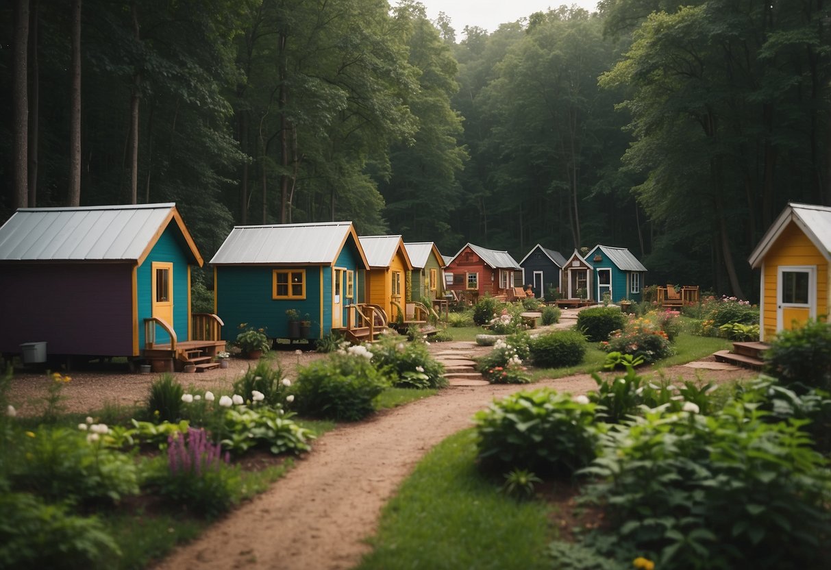 People stroll past colorful tiny homes nestled in a lush Virginia forest. A communal garden and cozy gathering area create a sense of community