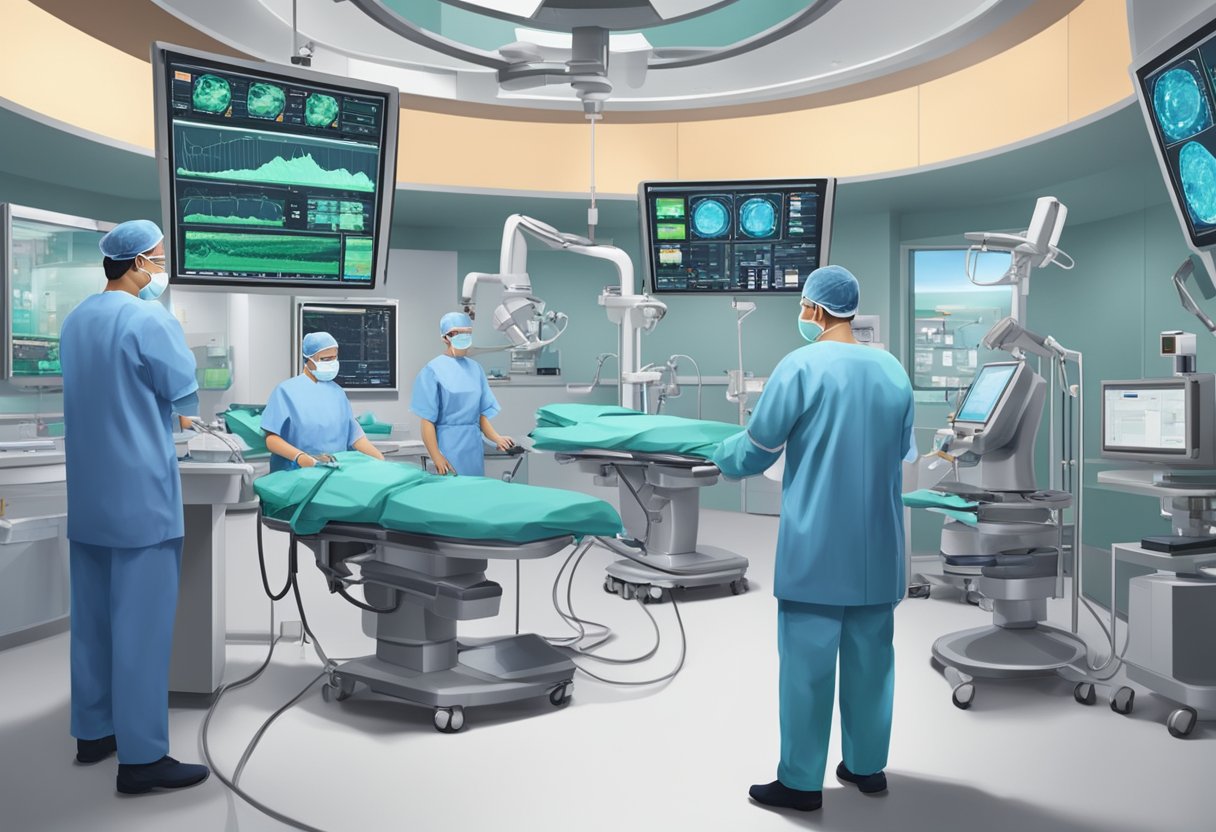 A surgeon in Singapore performs heart bypass surgery in a modern operating room. Medical equipment and monitors surround the patient