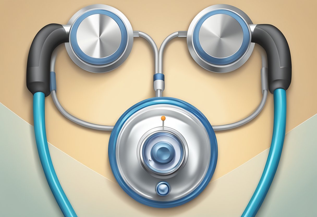A stethoscope positioned on a heart valve, with a focused listener, capturing the sound of the heartbeat