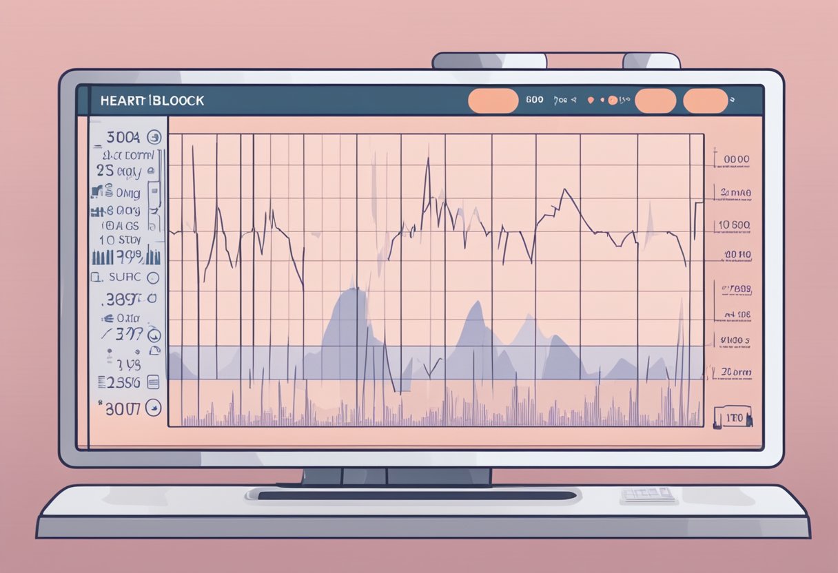 A heart monitor displaying flatline, with a list of complete heart block symptoms in the background