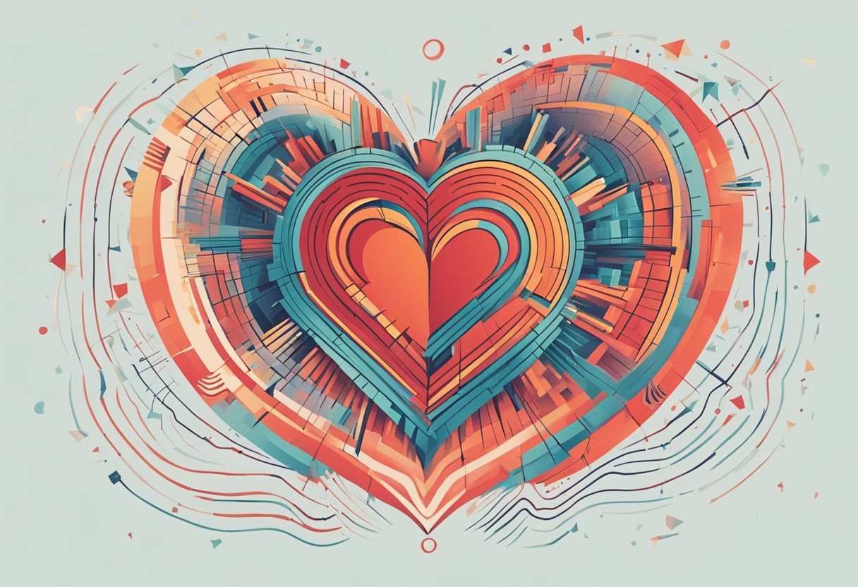 A red heart with jagged lines radiating outwards, surrounded by question marks and a sense of urgency