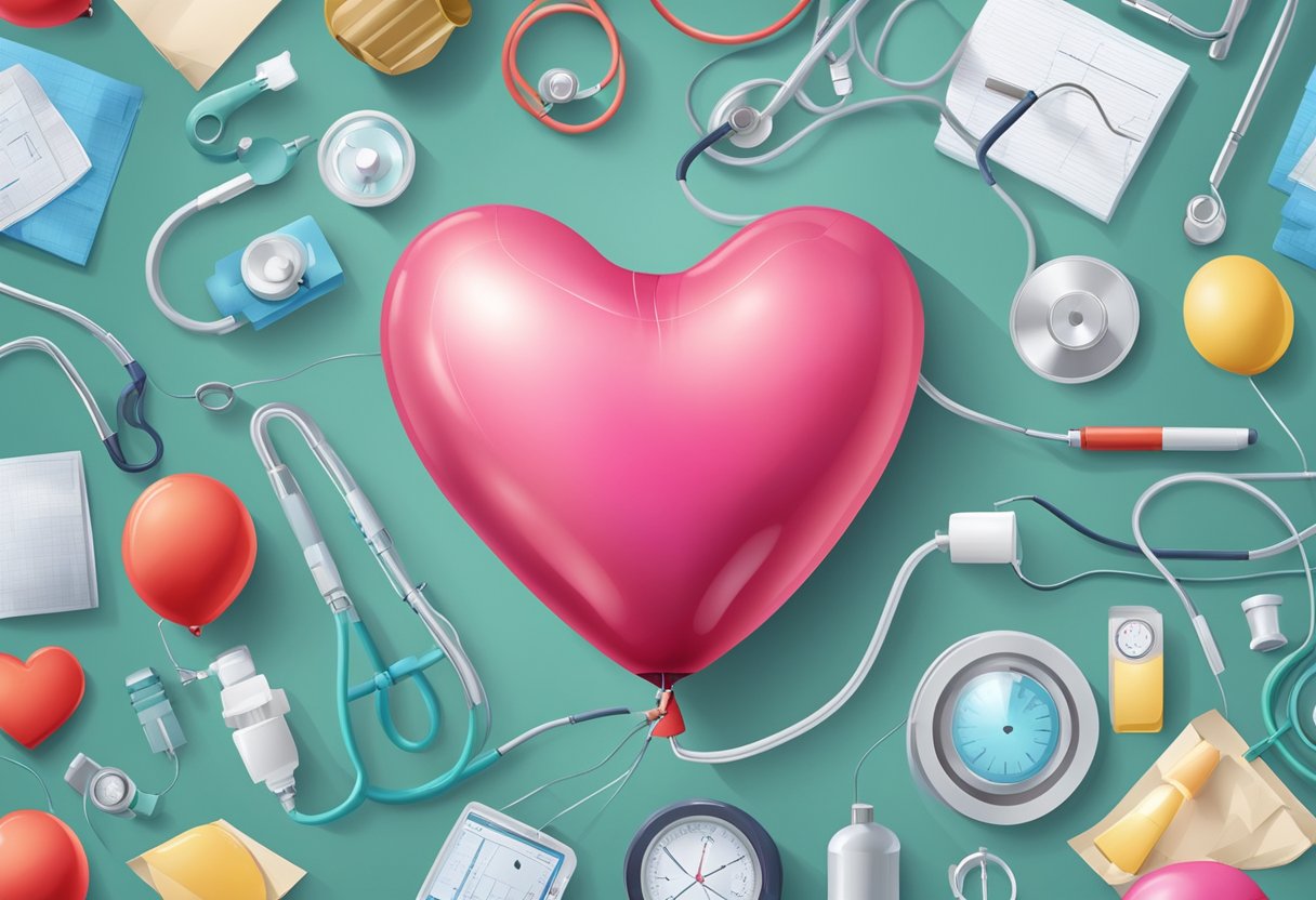 A heart-shaped balloon deflating, surrounded by medical equipment