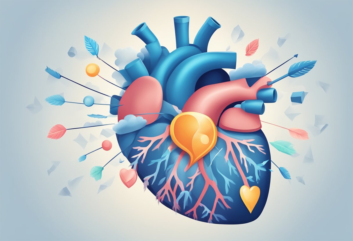 A heart with arrows pointing in and out, surrounded by a cloud of symptoms such as shortness of breath, fatigue, and swelling