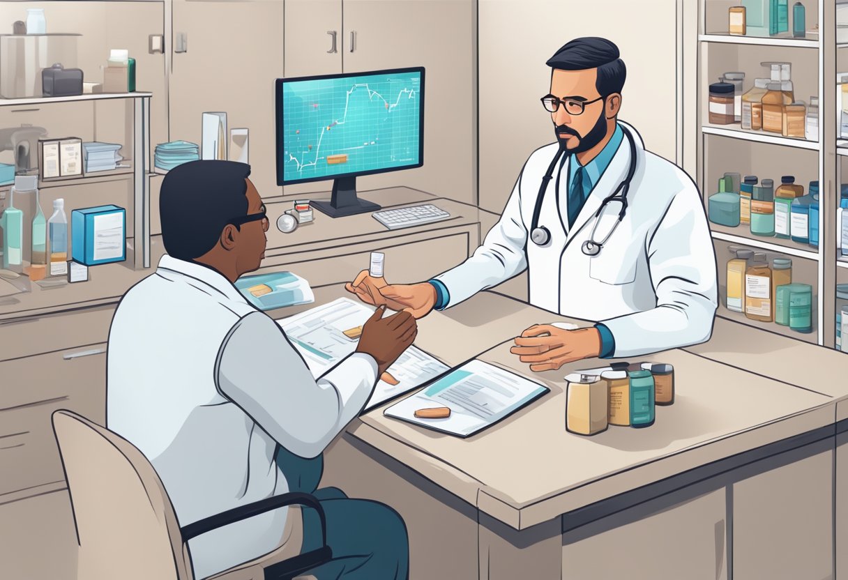 A doctor discussing heart attack prevention with a patient, showing medication and lifestyle changes