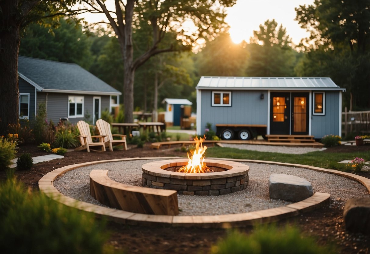 The tiny home community in Virginia features a central gathering area with a fire pit, a communal garden, and a playground for children