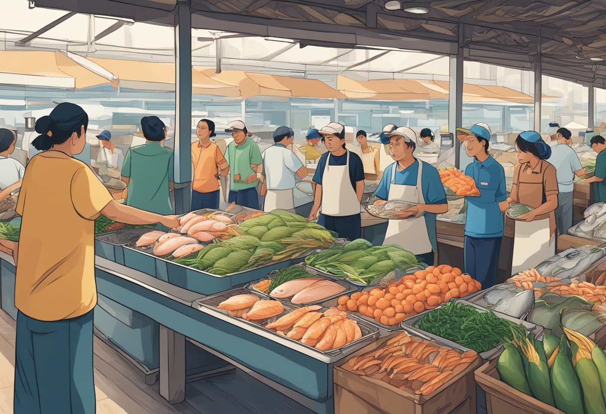 A bustling seafood market in Tampines, Singapore, with customers asking questions and vendors showcasing their fresh catches