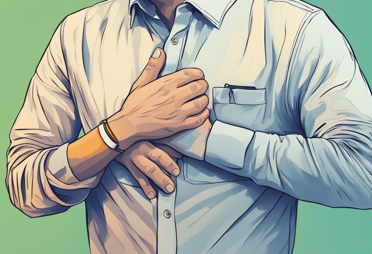 A person clutching their chest in pain, a bottle of Rogaine nearby