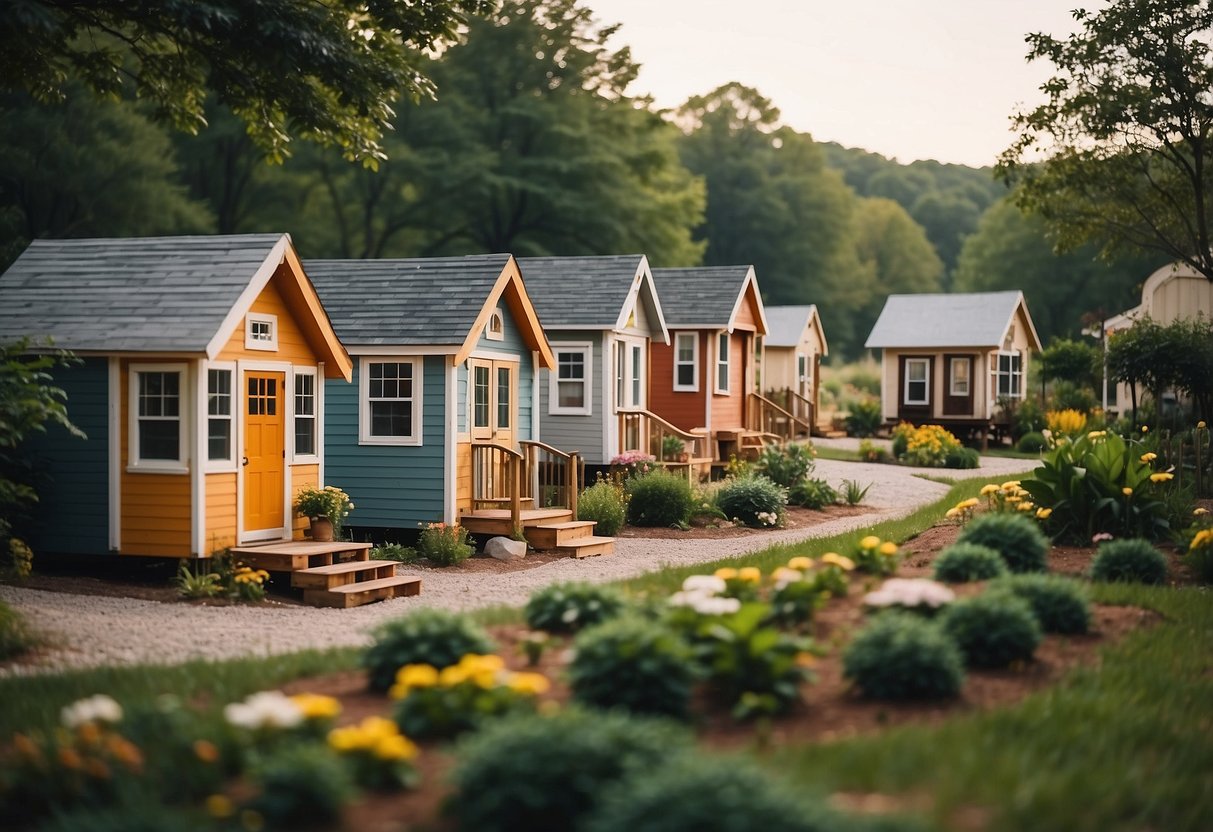 A cluster of tiny homes nestled in a serene Virginia landscape, with community gardens and a central gathering area for residents