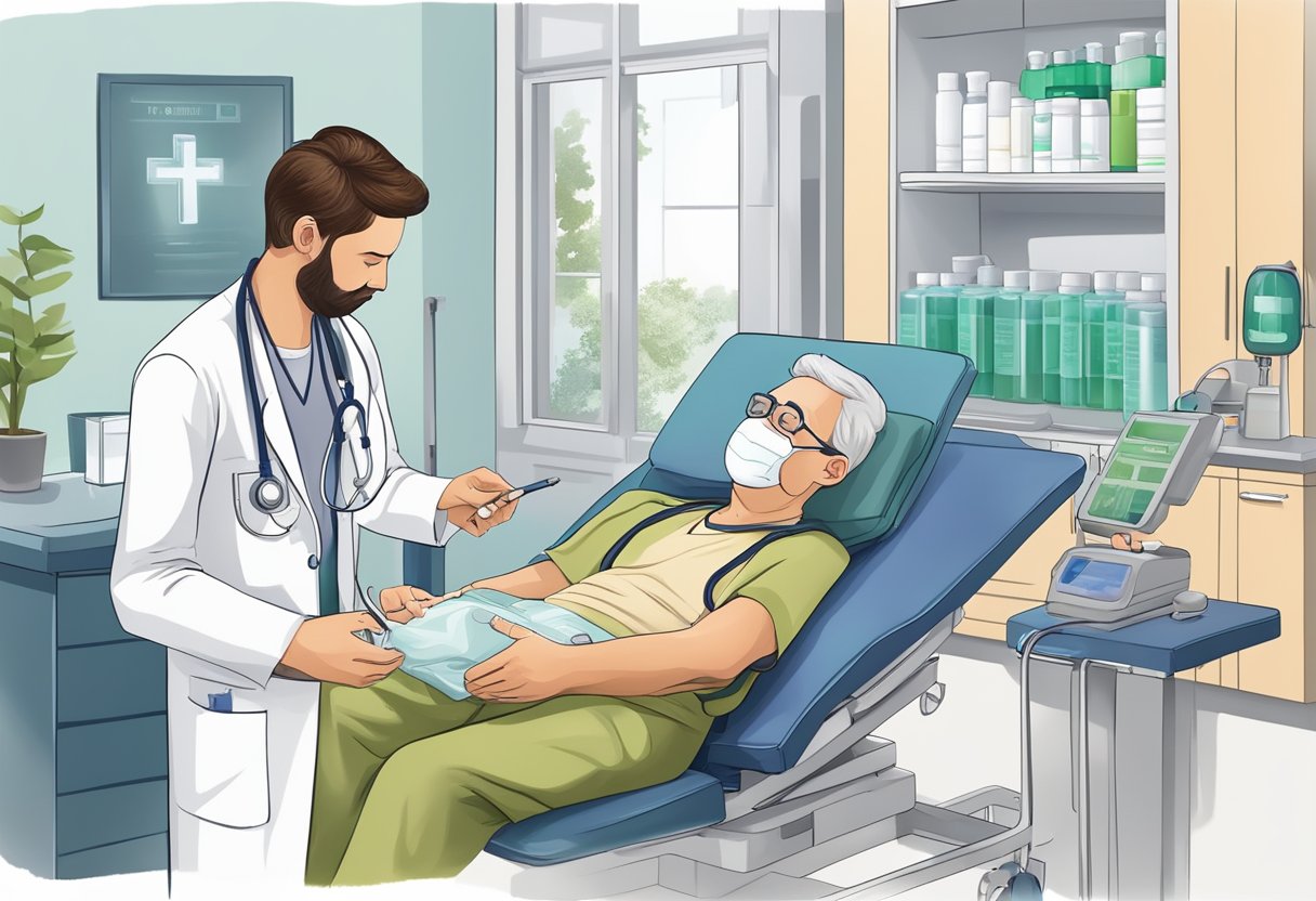 A doctor administers medication to a patient with ADHF, while monitoring vital signs and adjusting treatment plan accordingly