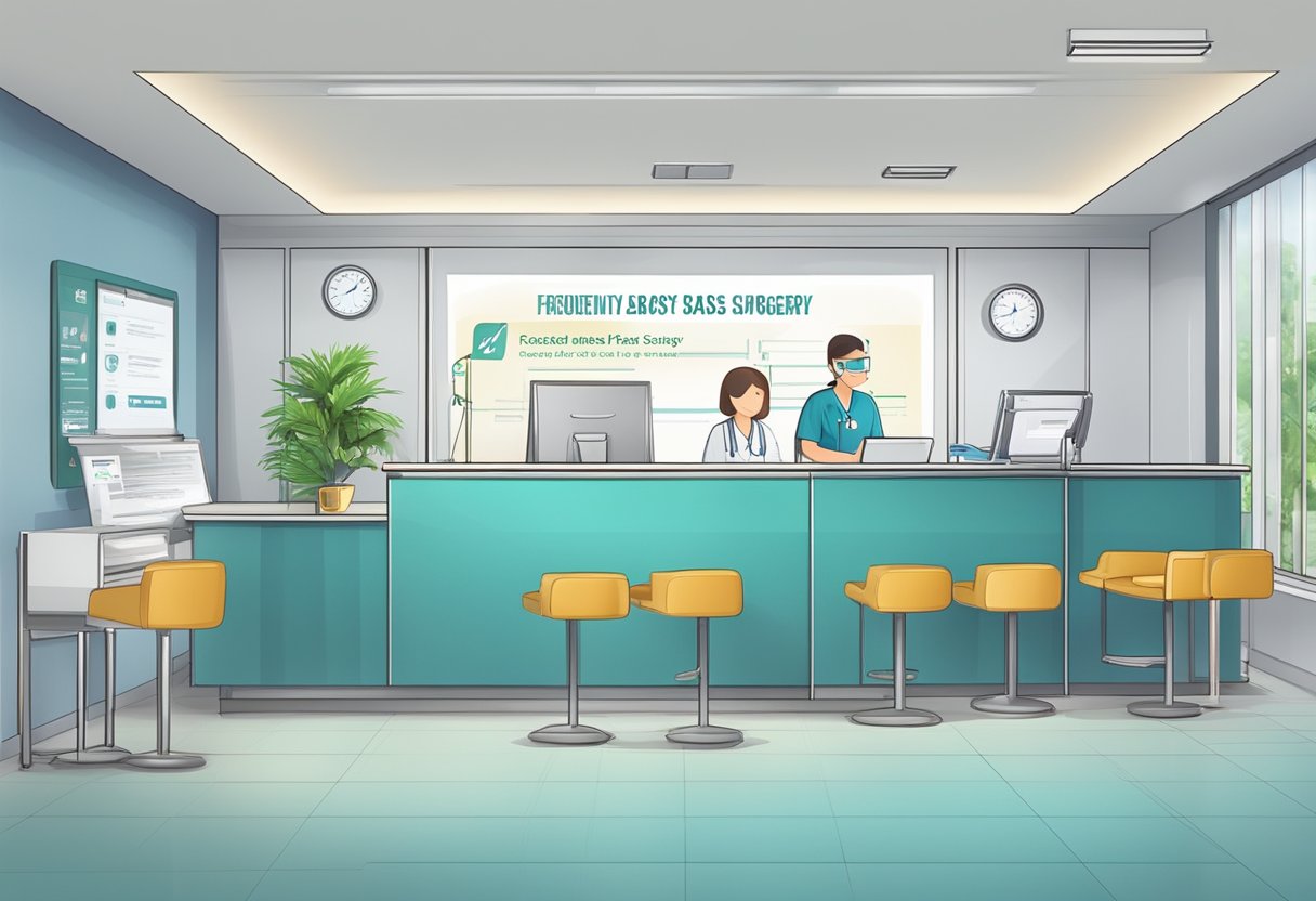 A hospital reception desk with a sign "Frequently Asked Questions: Cost of Heart Bypass Surgery in Singapore" displayed prominently