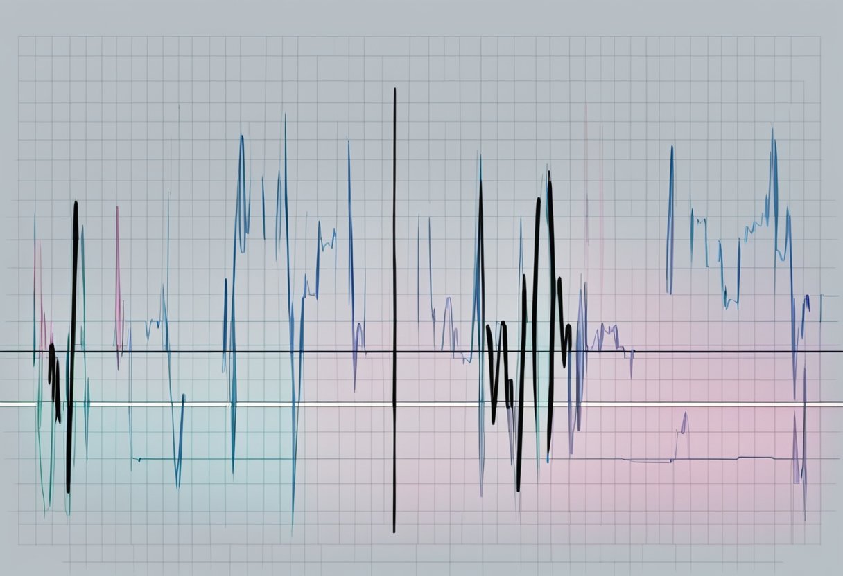 A heart monitor displays a clear ECG reading showing a heart block, with distinct intervals between each heartbeat
