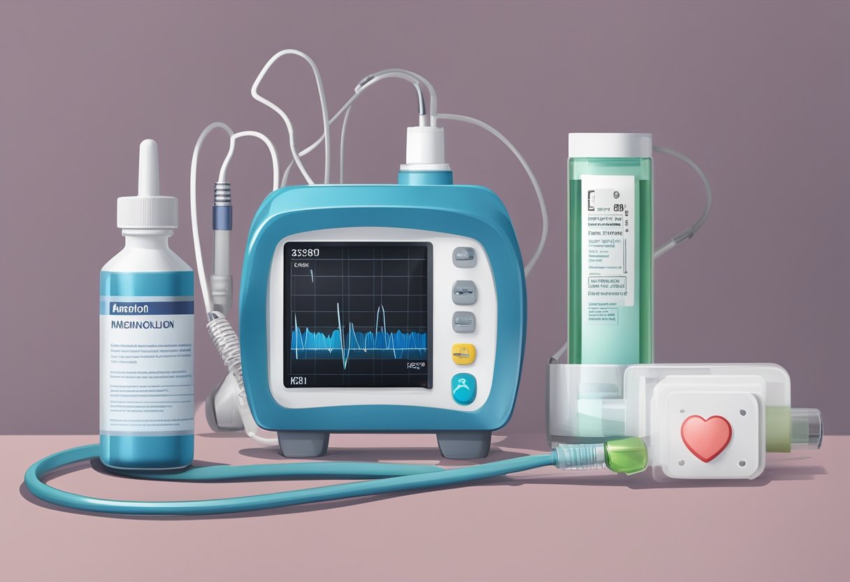 Minoxidil bottle next to a heart monitor, surrounded by medical equipment and a warning label
