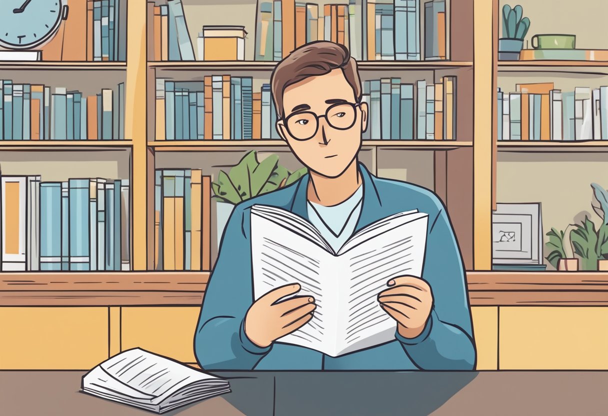 A person reading a pamphlet titled "Frequently Asked Questions: How to Prevent Another Heart Attack" with a concerned expression on their face