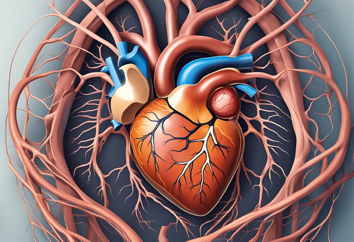 A healthy heart surrounded by blocked arteries and weakened muscles