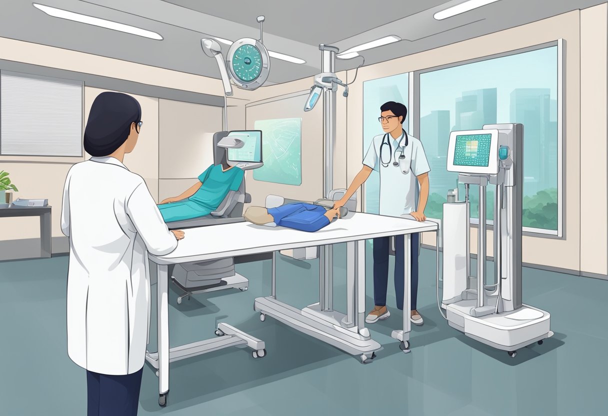 A heart screening machine beeping in a bright, modern clinic in Singapore. A doctor and patient discuss results in the background