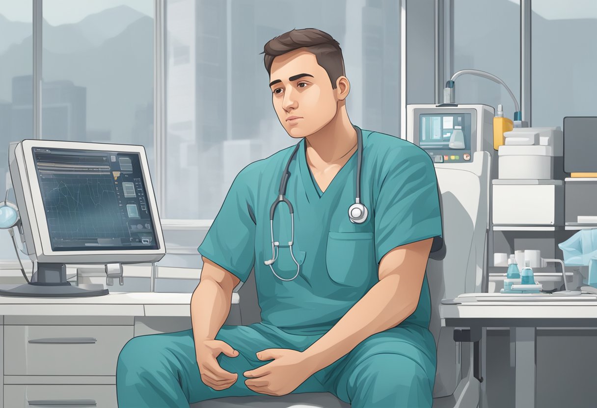 A person sitting with a pained expression, clutching their upper arm. The surroundings are sterile and clinical, with medical equipment in the background