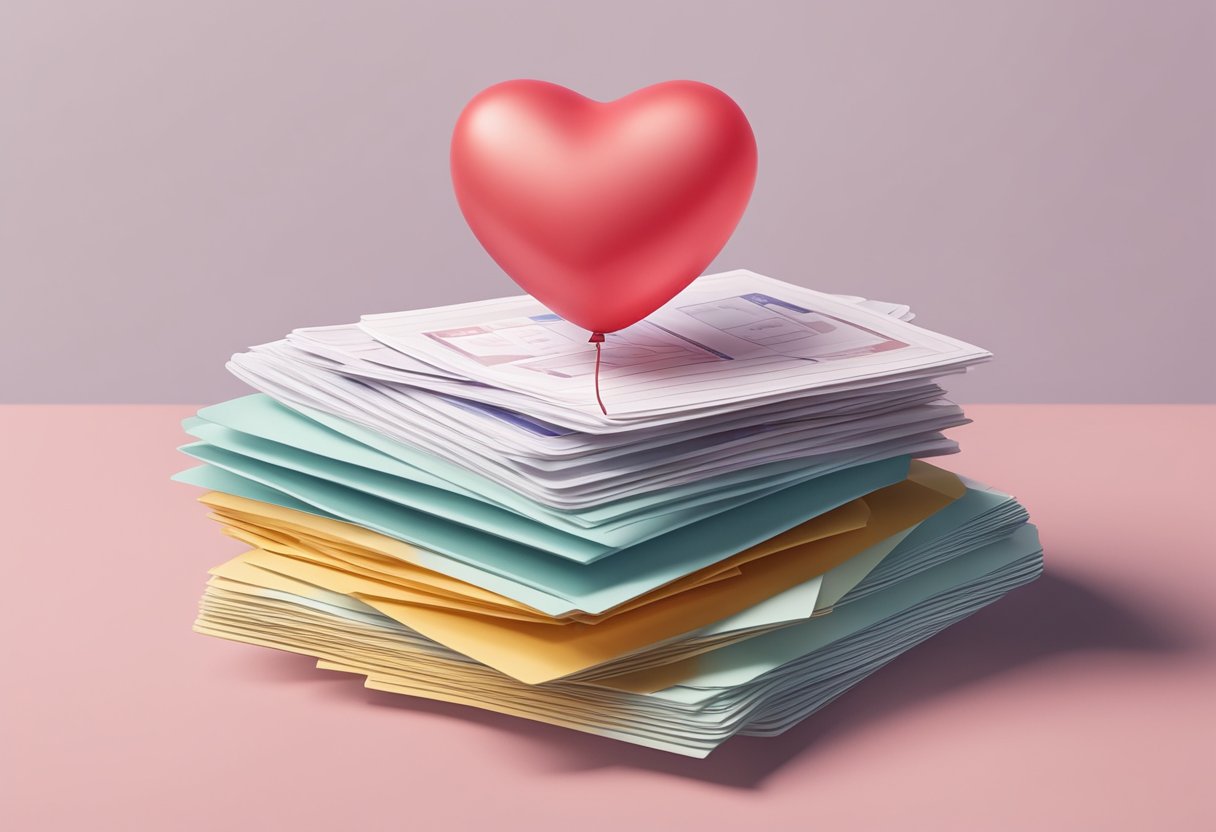 A heart-shaped balloon floats above a stack of FAQ cards on heart failure