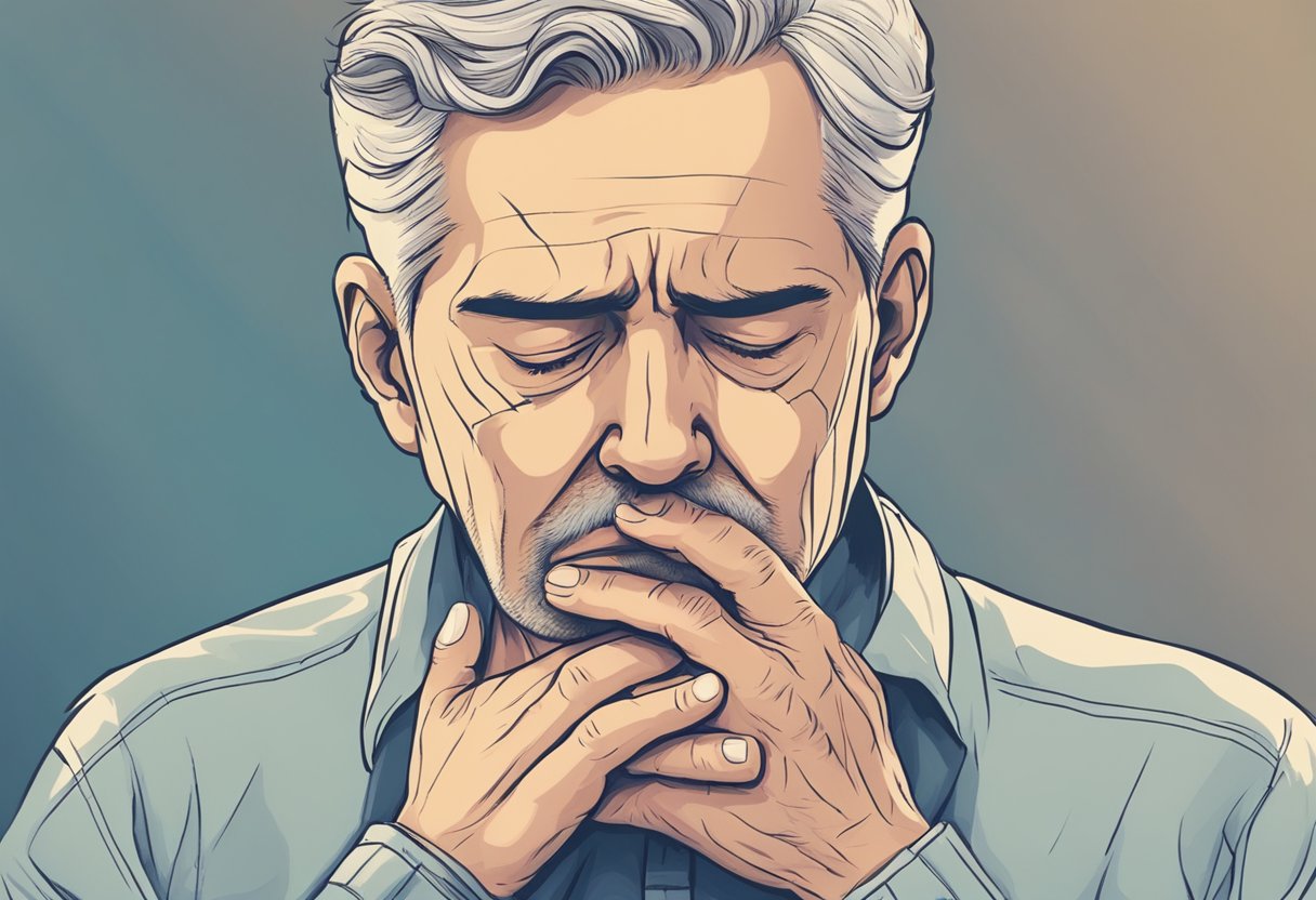 A person clutching their chest in pain, with a worried expression on their face
