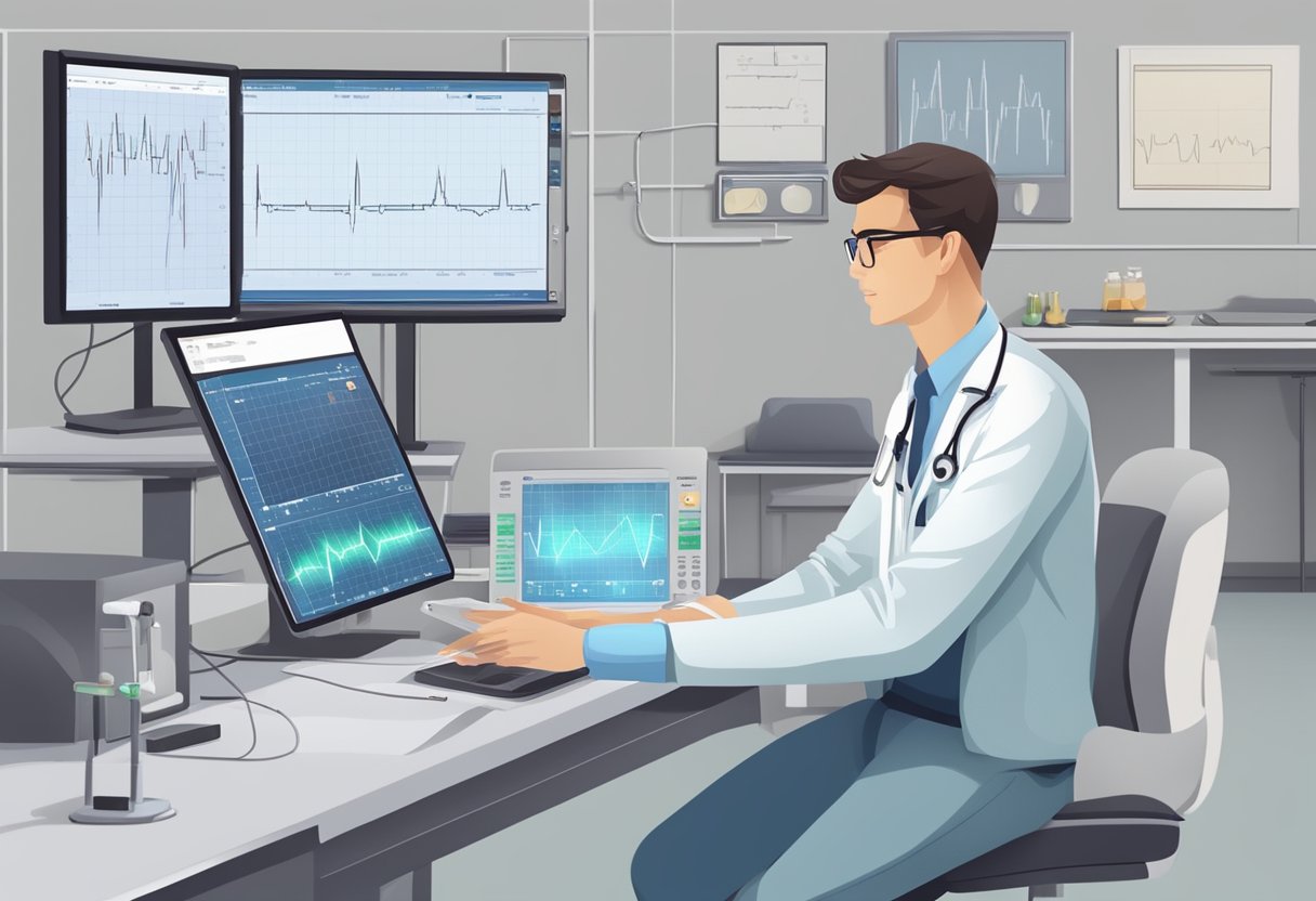 A heart monitor displays a clear ECG reading showing a heart block, with a doctor nearby reviewing the results and preparing a management plan