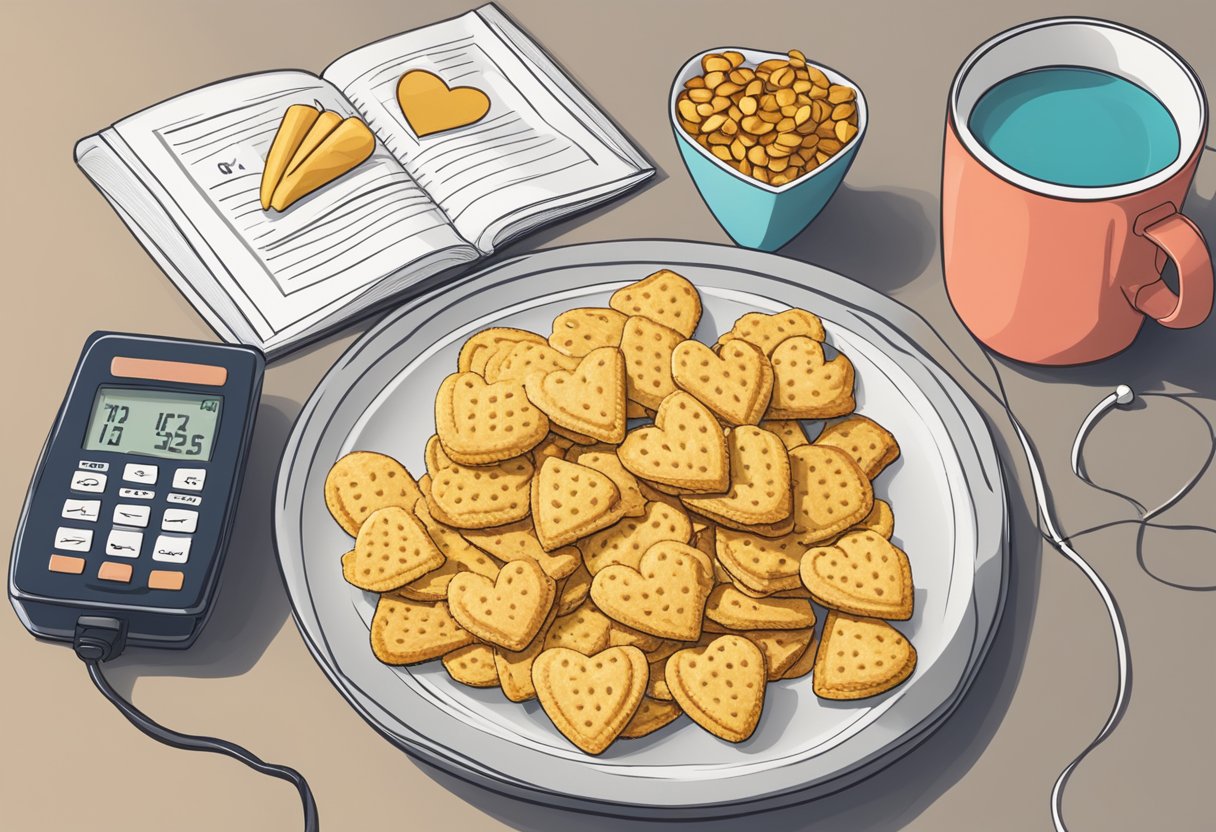 A plate of salty snacks sits next to a heart rate monitor, showing an elevated reading