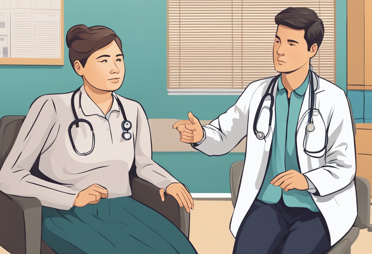 A person sitting in a doctor's office, pointing to their upper arm with a pained expression, while a medical professional listens attentively