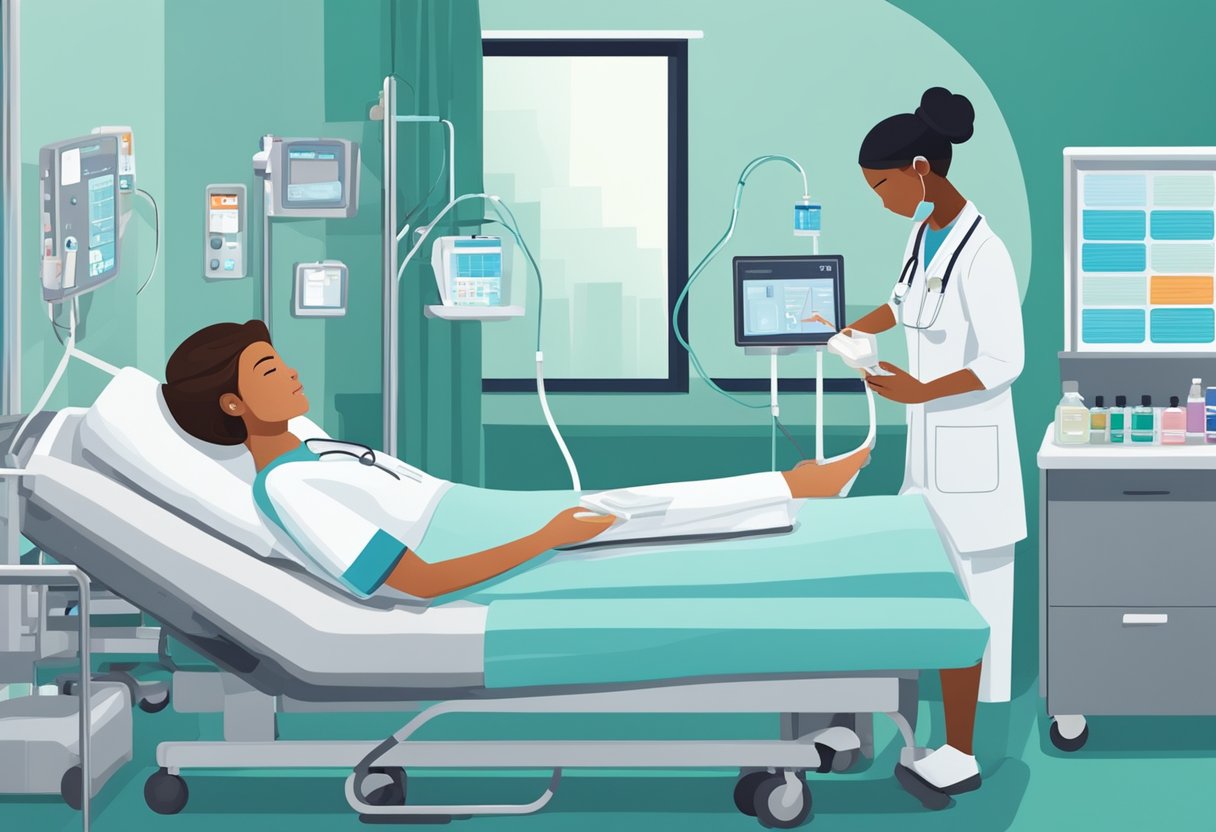A patient rests in a hospital bed surrounded by medical equipment. A nurse checks vital signs while the patient receives medication through an IV