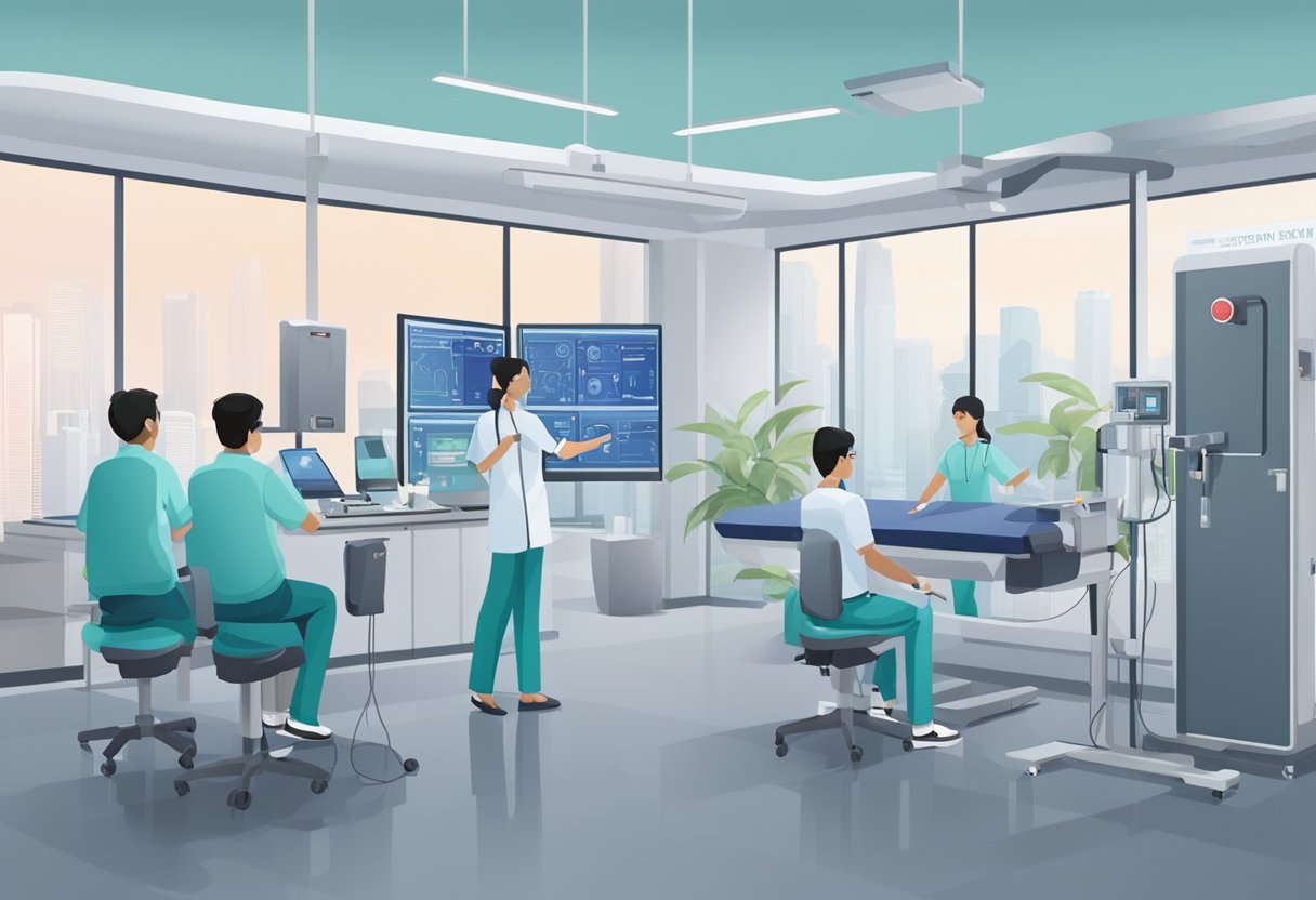 A heart screening facility in Singapore with medical equipment and professionals conducting tests