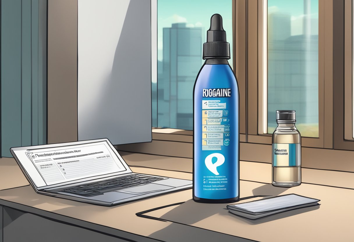 A bottle of Rogaine sits on a counter, next to a computer screen displaying "Frequently Asked Questions: Rogaine heart attack."