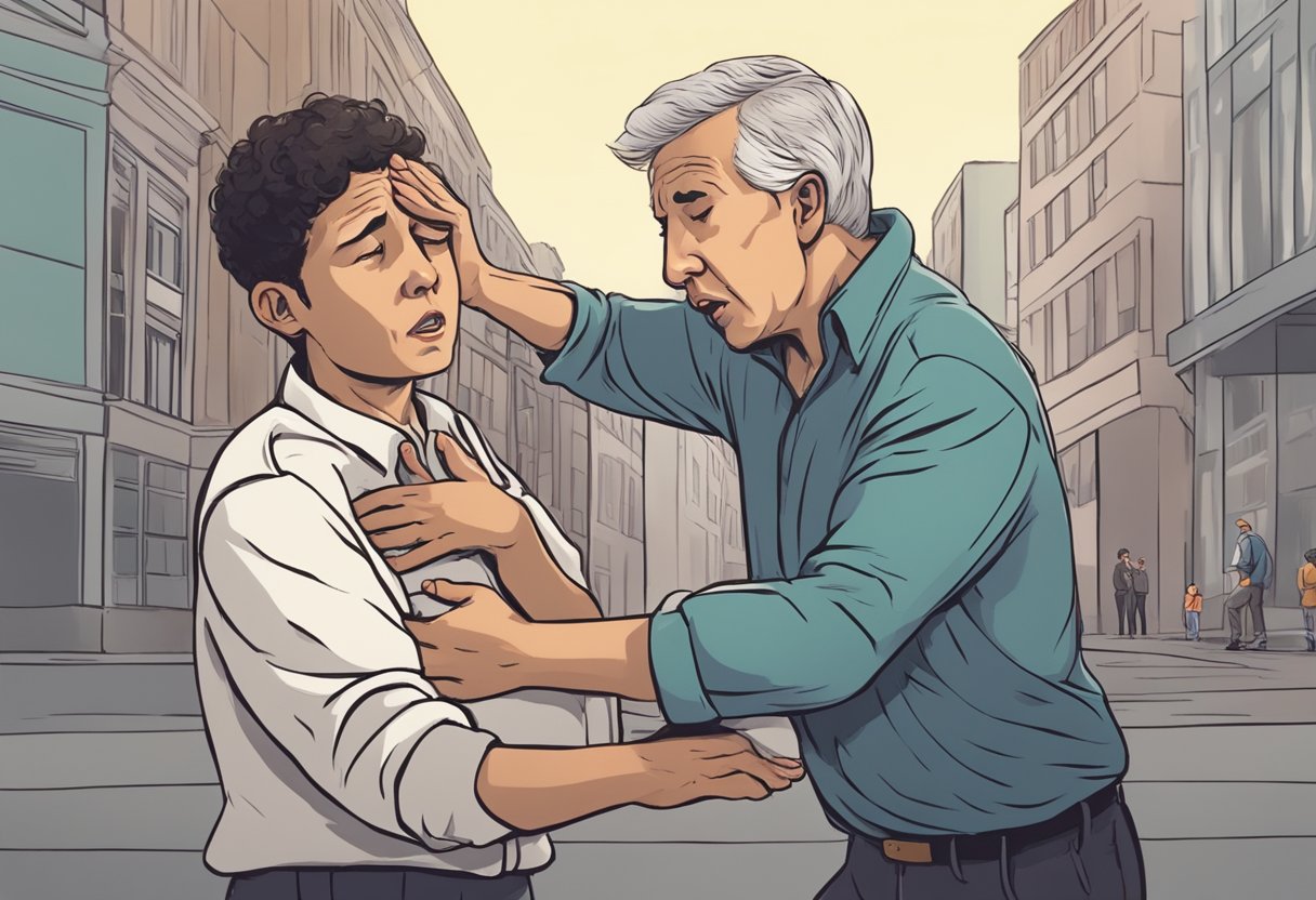 A person clutching their chest in pain, with a concerned bystander calling for help