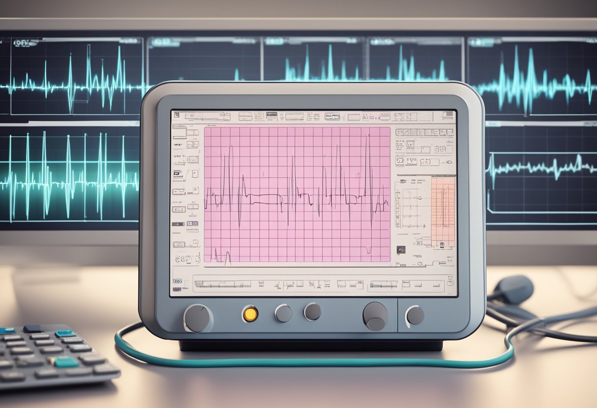 An ECG monitor displaying a heart block pattern with labeled electrodes and a medical chart in the background