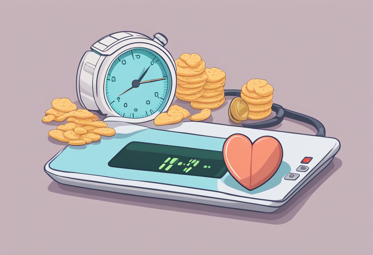 A plate of salty food next to a heart rate monitor showing an elevated heart rate