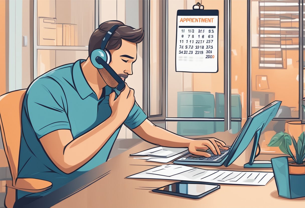 A person scheduling a heart screening appointment on the phone with a calendar in the background