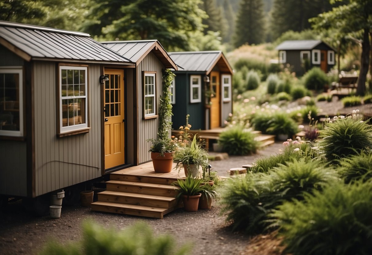 Tiny homes dot the landscape, nestled among lush greenery. A sense of community emanates from the cozy dwellings, with residents enjoying the serene surroundings